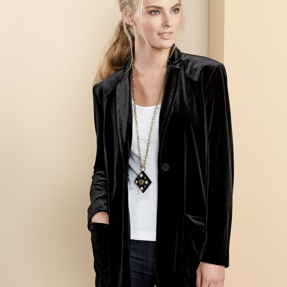 Joan Vass Black Velvet Button Front Blazer Jacket